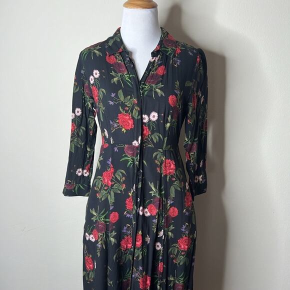 Zara Black Rose Print Maxi Shirt Dress - Picture 3 of 9